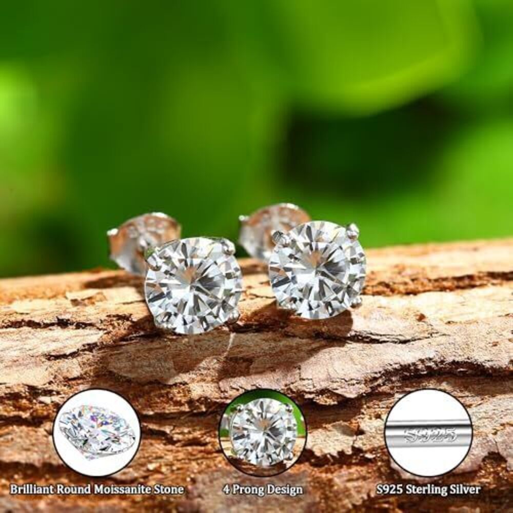 8426 Moissanite Stud Earrings : 18K White Gold Plated Solid 925 Sterling - Picture 5 of 7